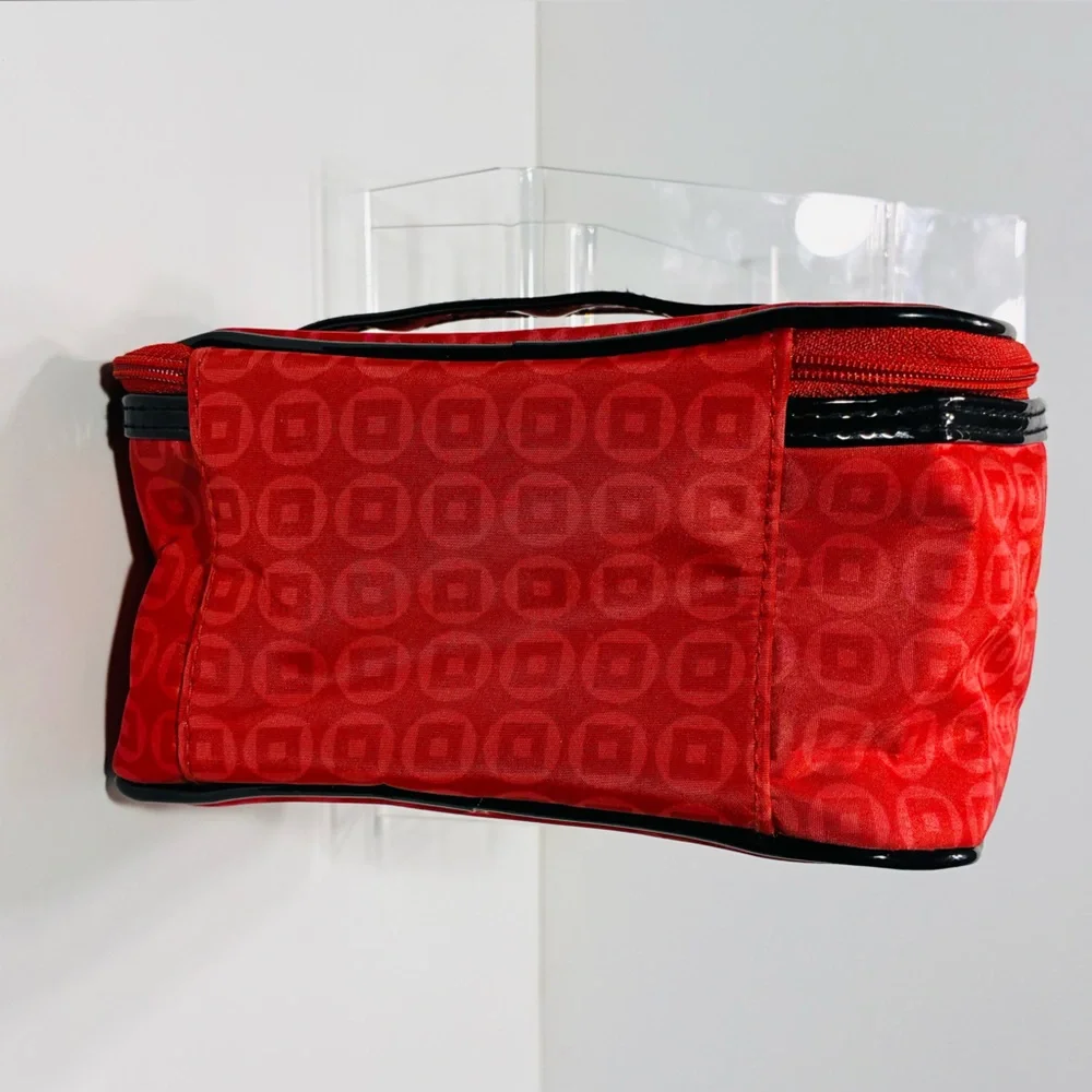 Y2K Lancôme Red Geometric Pattern Cosmetic Bag Black Patent Trim 6x7x4.5 Vintage